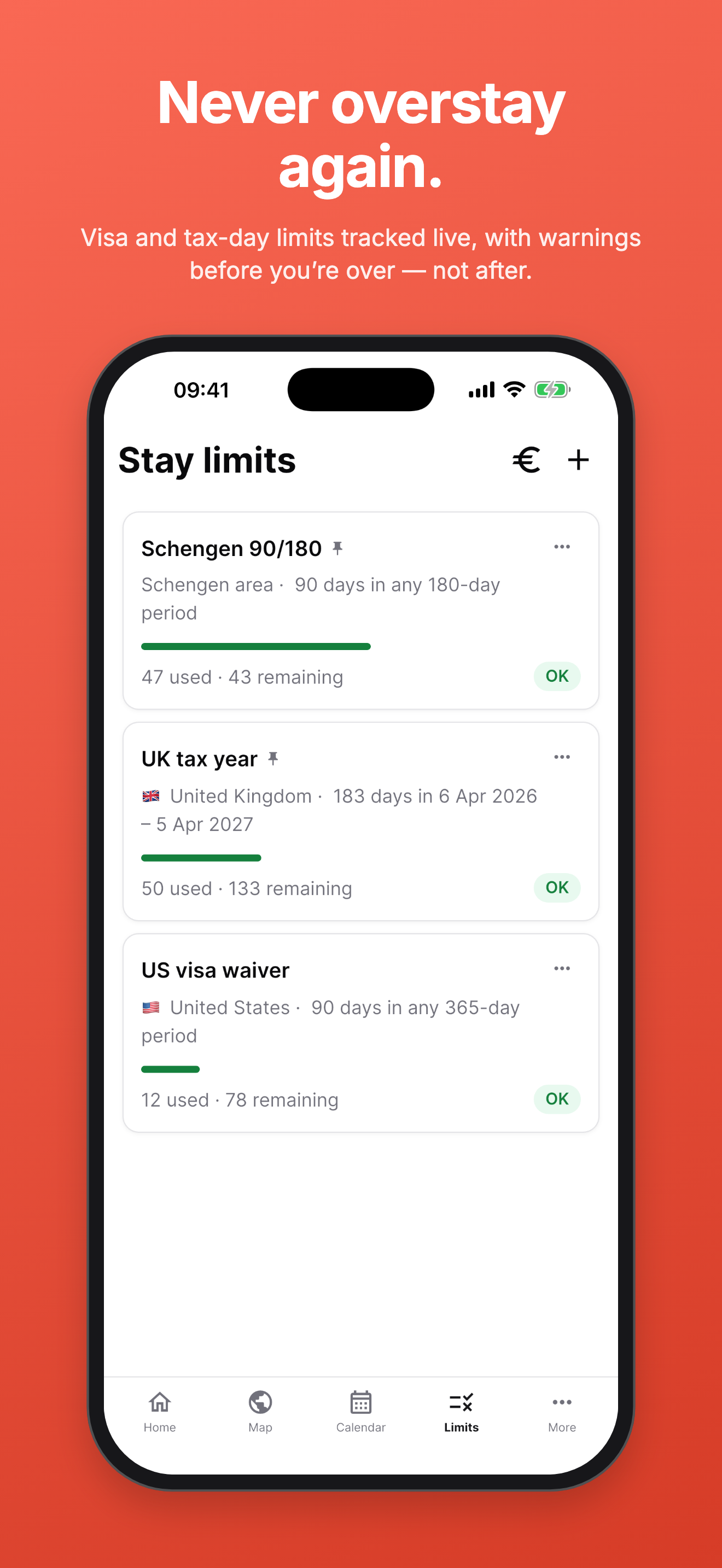 Live visa and tax limit tracking with warnings