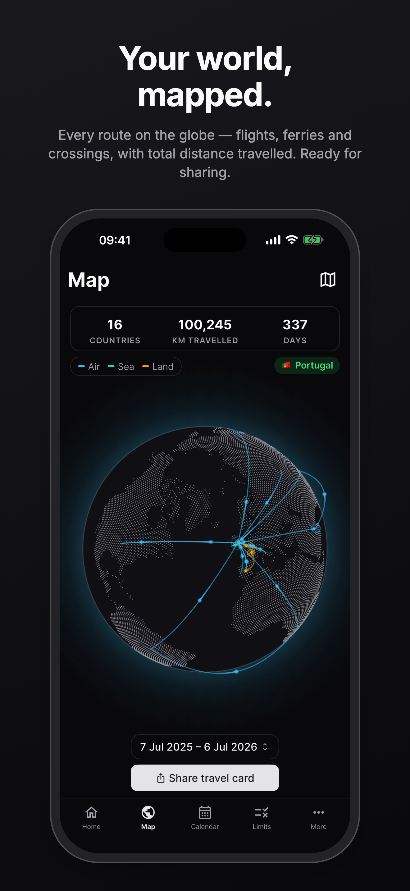Interactive globe with travel routes and distance travelled