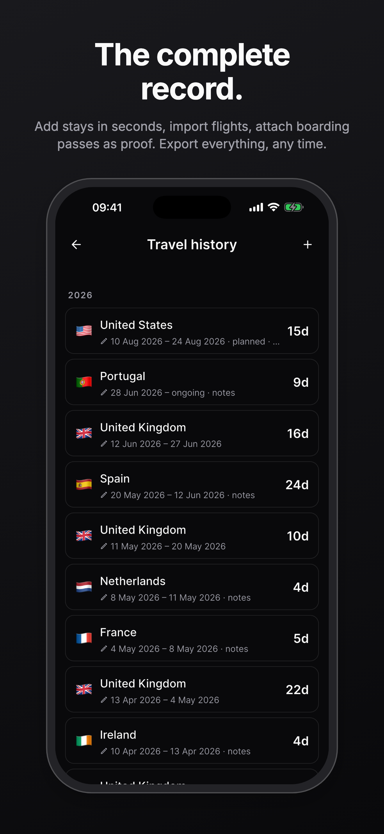 Complete travel history with imports and attachments